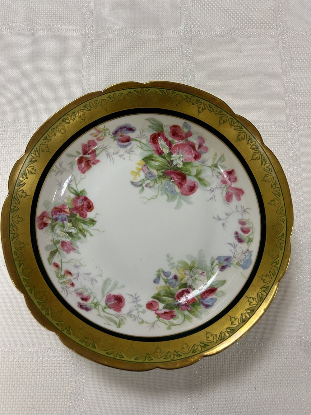 Limoges Porcelain Dessert Plate with Pink Floral Sprays and Gold Rim - 10”